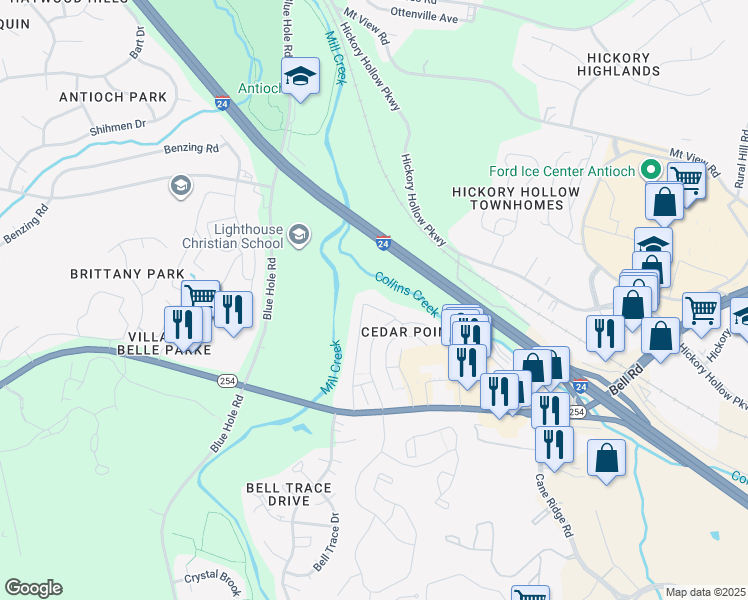 map of restaurants, bars, coffee shops, grocery stores, and more near 1211 Bell Road in Nashville