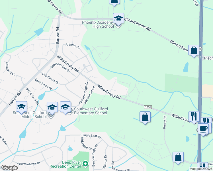 map of restaurants, bars, coffee shops, grocery stores, and more near 2421 Willard Dairy Road in High Point