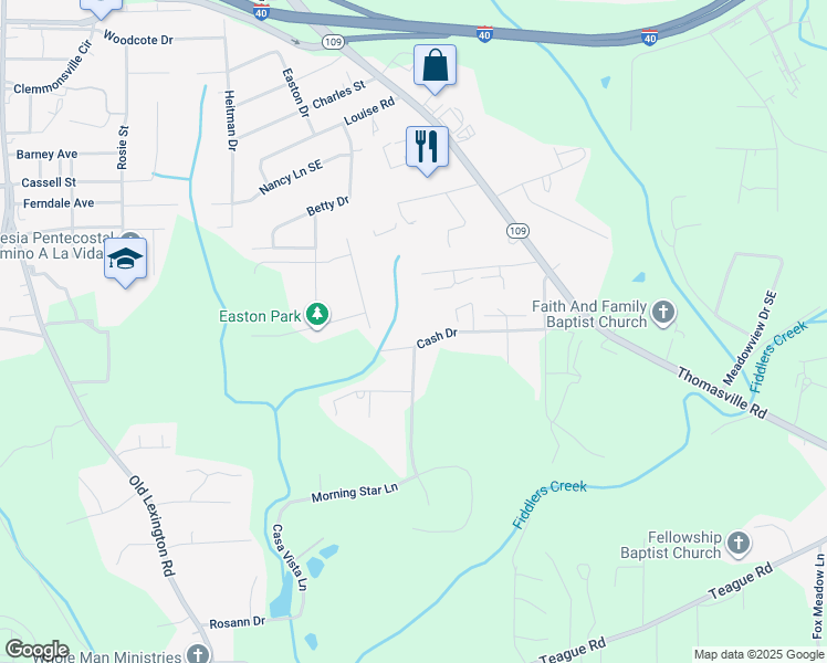 map of restaurants, bars, coffee shops, grocery stores, and more near 3649 Cash Drive in Winston-Salem