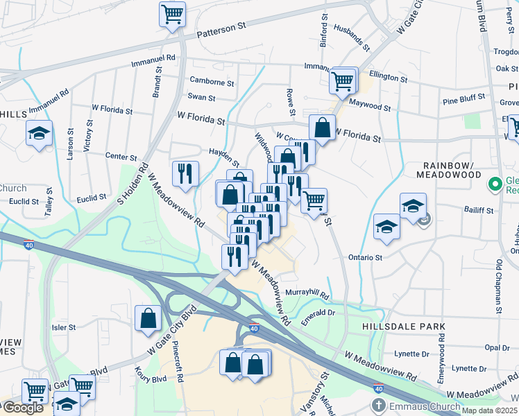 map of restaurants, bars, coffee shops, grocery stores, and more near 3004 Dexter Avenue in Greensboro