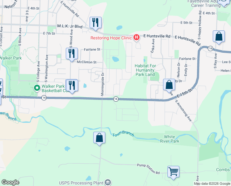 map of restaurants, bars, coffee shops, grocery stores, and more near 769-1261 E 15th St in Fayetteville