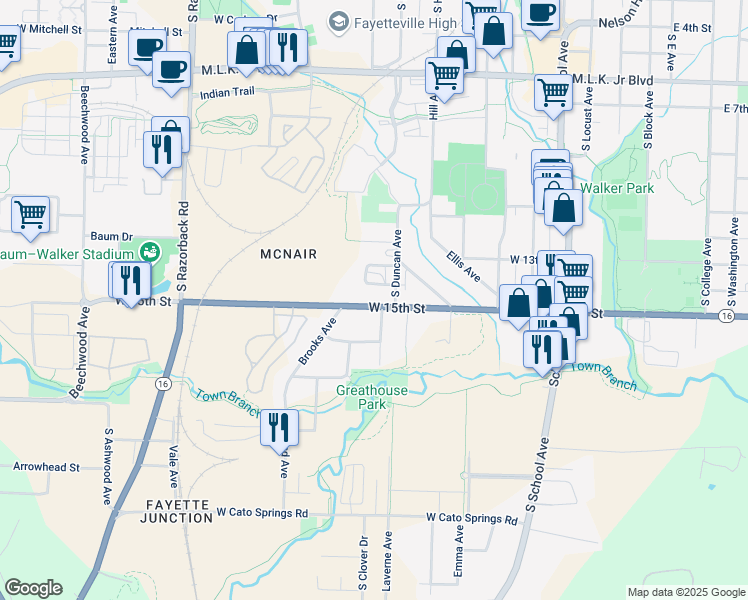 map of restaurants, bars, coffee shops, grocery stores, and more near 875 West 15th Street in Fayetteville