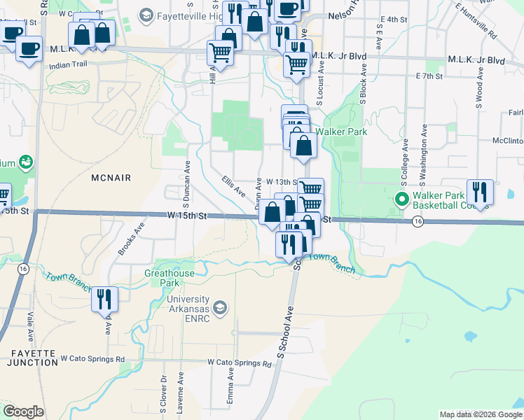 map of restaurants, bars, coffee shops, grocery stores, and more near 525 W 15th St in Fayetteville