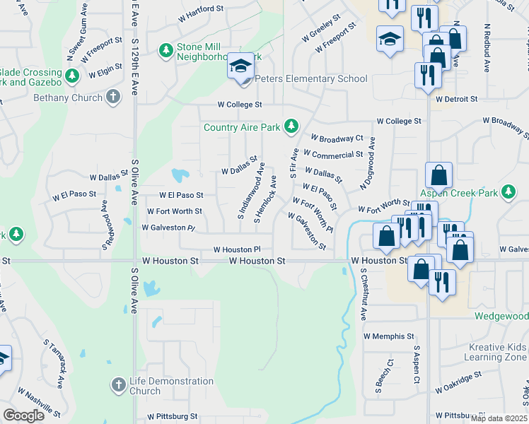 map of restaurants, bars, coffee shops, grocery stores, and more near 501 South Indianwood Avenue in Broken Arrow