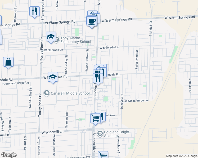 map of restaurants, bars, coffee shops, grocery stores, and more near 7730 South Jones Boulevard in Las Vegas