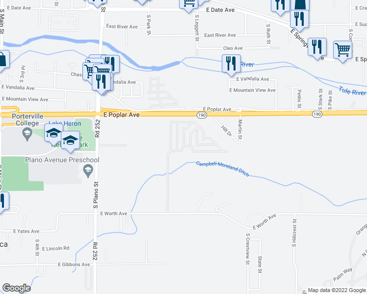 map of restaurants, bars, coffee shops, grocery stores, and more near 720 East Worth Avenue in Porterville