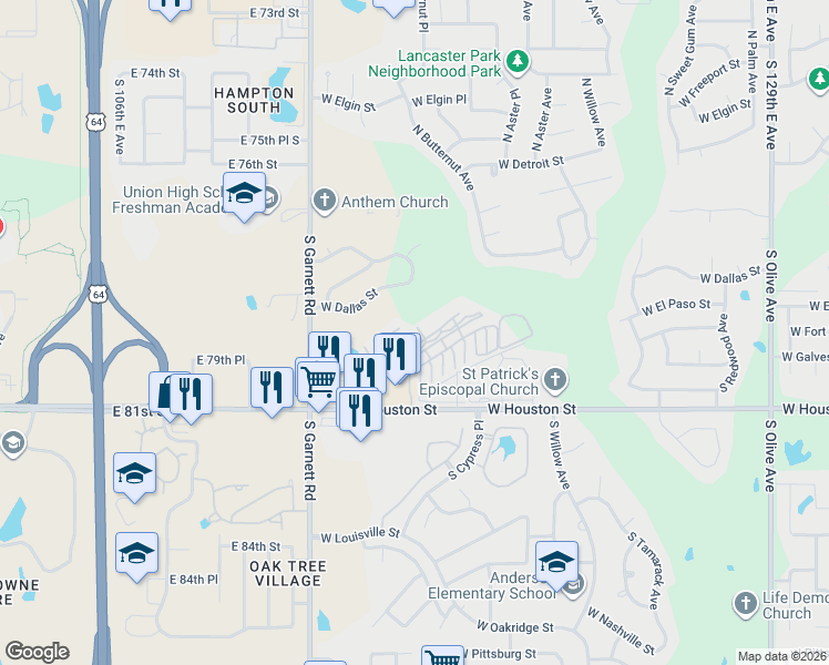 map of restaurants, bars, coffee shops, grocery stores, and more near 221 South Desert Palm Avenue in Broken Arrow