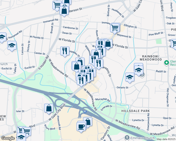 map of restaurants, bars, coffee shops, grocery stores, and more near 3004 Dexter Avenue in Greensboro