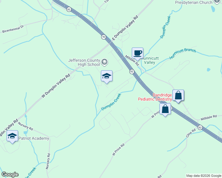 map of restaurants, bars, coffee shops, grocery stores, and more near 1036 Patriots Landing in Dandridge
