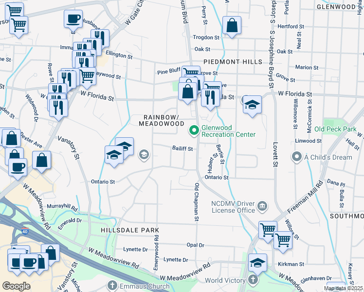 map of restaurants, bars, coffee shops, grocery stores, and more near 2000 Bailiff Street in Greensboro