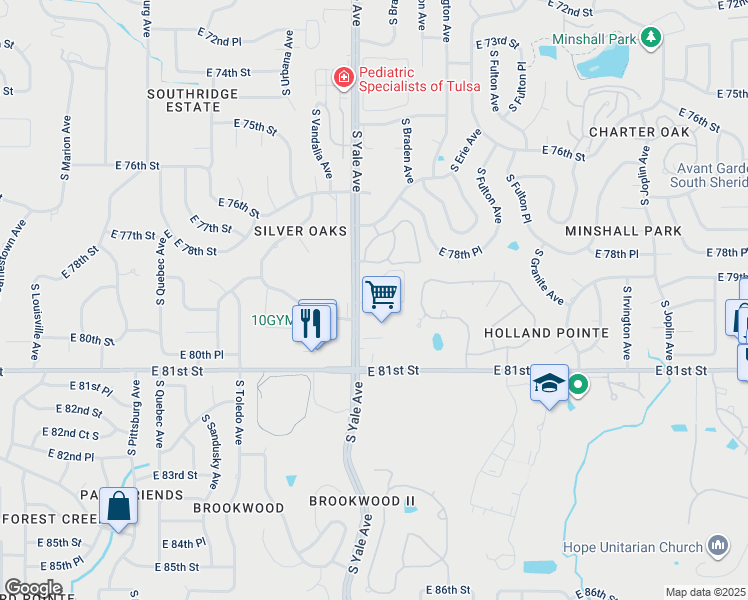 map of restaurants, bars, coffee shops, grocery stores, and more near 7901 South Yale Avenue in Tulsa