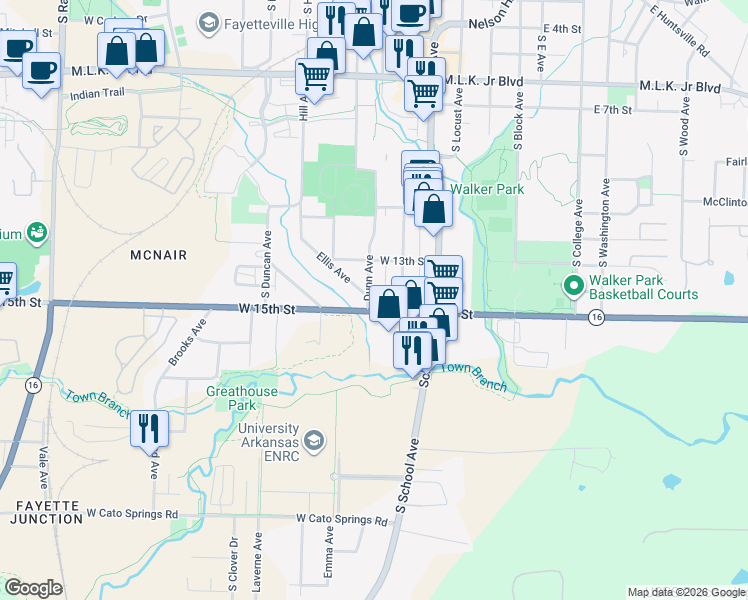 map of restaurants, bars, coffee shops, grocery stores, and more near 1332 Dunn Avenue in Fayetteville