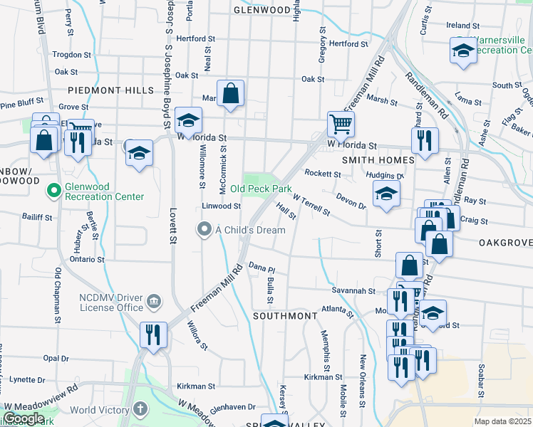 map of restaurants, bars, coffee shops, grocery stores, and more near 1915 Freeman Mill Road in Greensboro