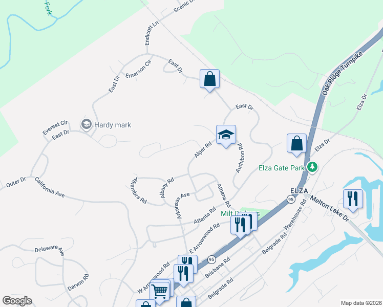 map of restaurants, bars, coffee shops, grocery stores, and more near 113 Amherst Lane in Oak Ridge