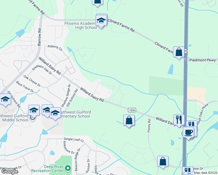 map of restaurants, bars, coffee shops, grocery stores, and more near 2431 Willard Dairy Road in High Point