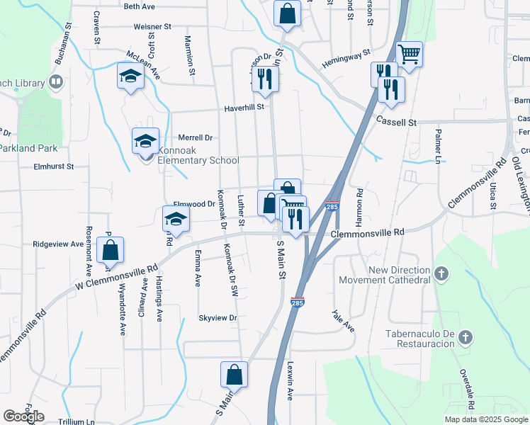 map of restaurants, bars, coffee shops, grocery stores, and more near 3416 South Main Street in Winston-Salem