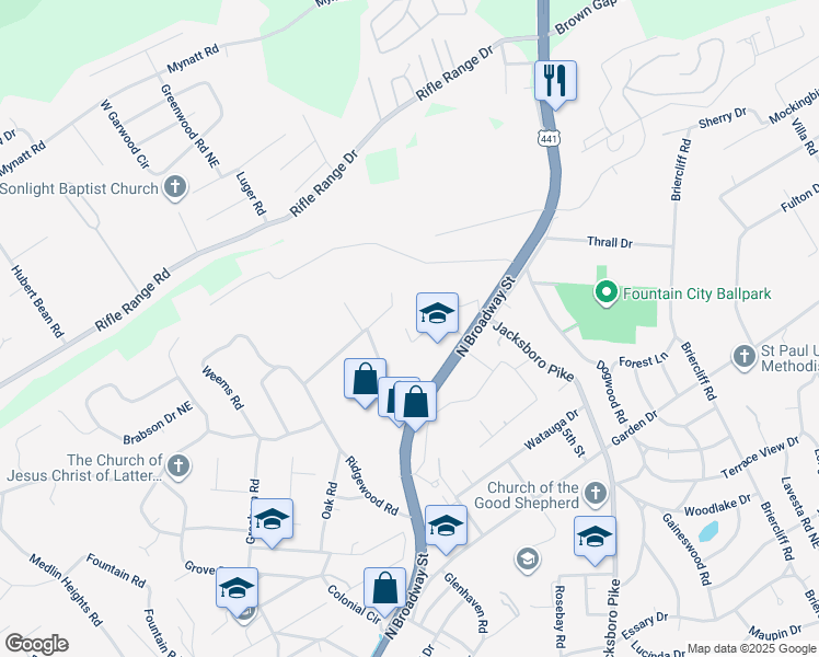 map of restaurants, bars, coffee shops, grocery stores, and more near 5603 Madonna Circle in Knoxville
