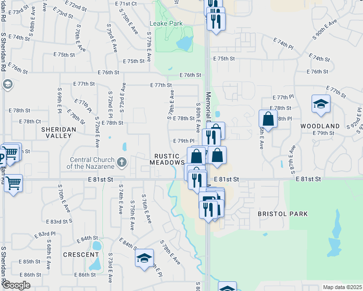 map of restaurants, bars, coffee shops, grocery stores, and more near 7809 East 79th Place in Tulsa
