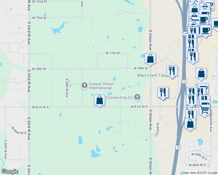 map of restaurants, bars, coffee shops, grocery stores, and more near 7901 South 23rd West Avenue in Tulsa