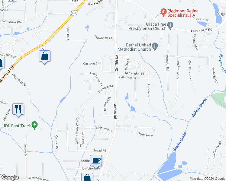 map of restaurants, bars, coffee shops, grocery stores, and more near 486 Saratoga Court in Winston-Salem