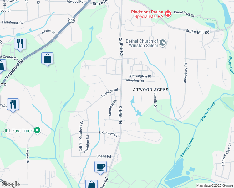 map of restaurants, bars, coffee shops, grocery stores, and more near 476 Everidge Road in Winston-Salem