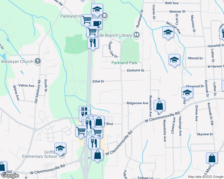 map of restaurants, bars, coffee shops, grocery stores, and more near 1053 Russell Drive in Winston-Salem