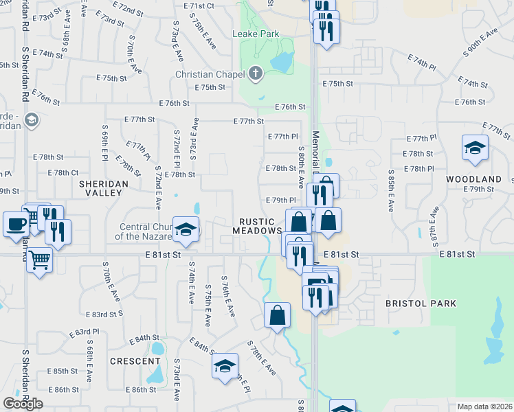map of restaurants, bars, coffee shops, grocery stores, and more near 7901 South 77th East Avenue in Tulsa