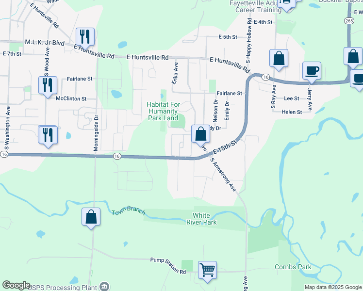 map of restaurants, bars, coffee shops, grocery stores, and more near 1400 East 15th Street in Fayetteville