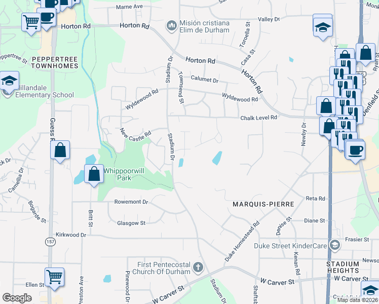 map of restaurants, bars, coffee shops, grocery stores, and more near 2206 Elk River Drive in Durham