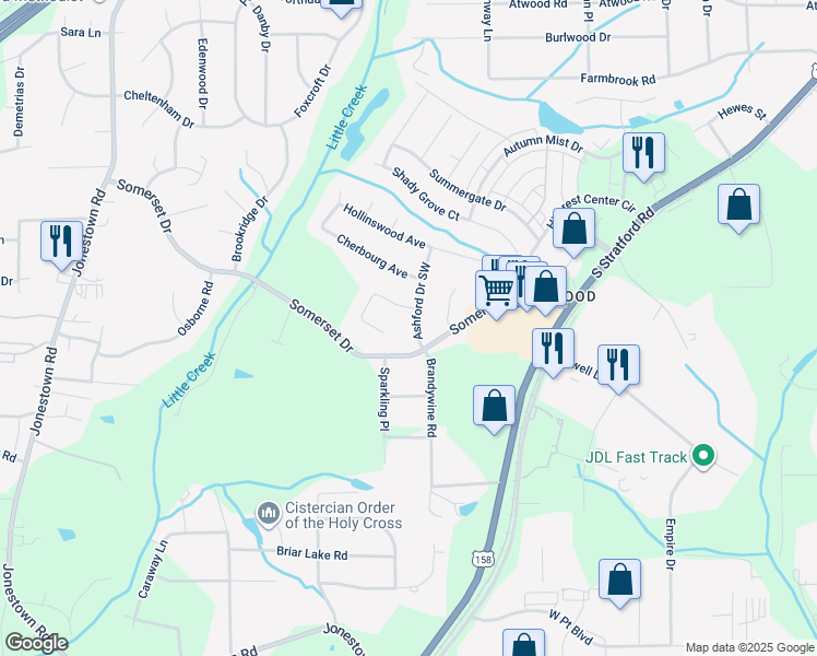 map of restaurants, bars, coffee shops, grocery stores, and more near 2281 Ashford Drive Southwest in Winston-Salem