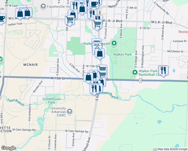 map of restaurants, bars, coffee shops, grocery stores, and more near 1318 South West Avenue in Fayetteville