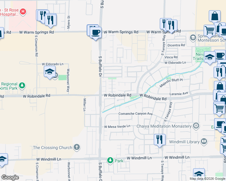 map of restaurants, bars, coffee shops, grocery stores, and more near 7708 Park Village Place in Las Vegas