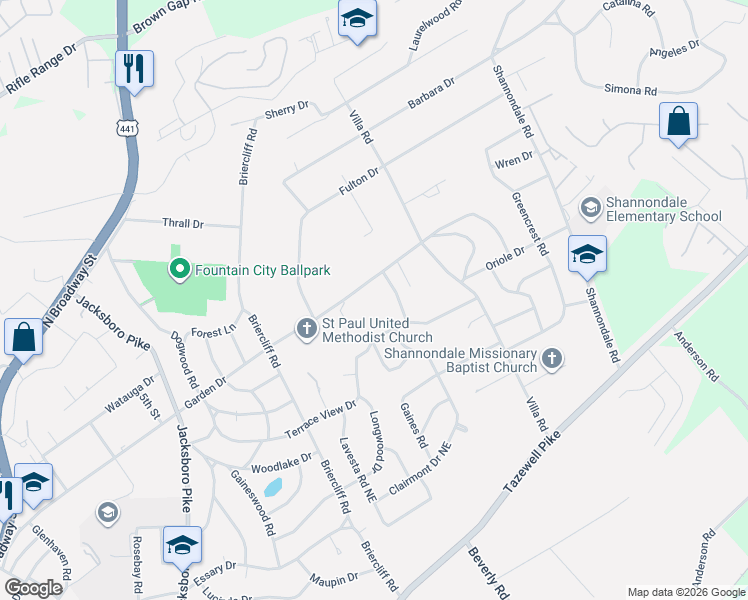 map of restaurants, bars, coffee shops, grocery stores, and more near 4300 Garden Drive in Knoxville