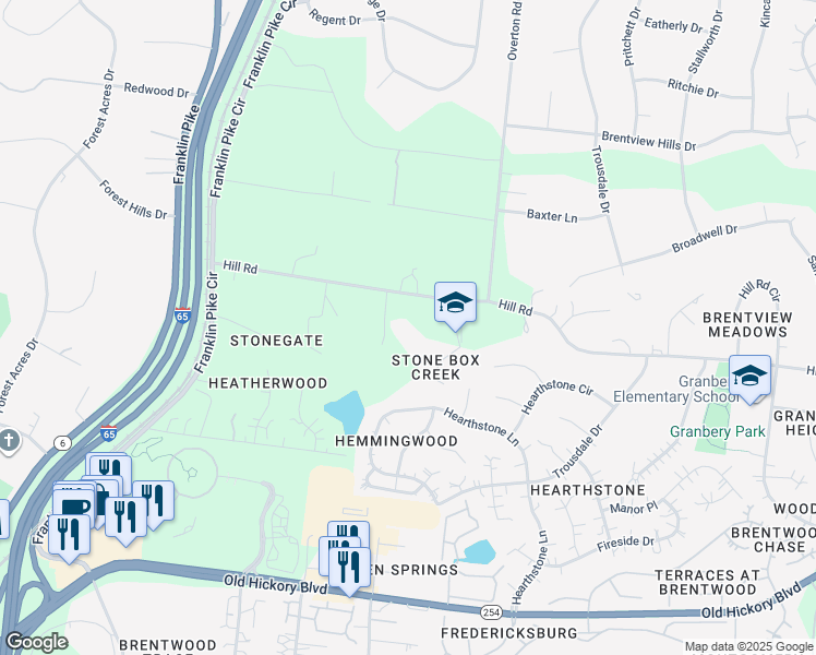 map of restaurants, bars, coffee shops, grocery stores, and more near 733 Hill Road in Brentwood
