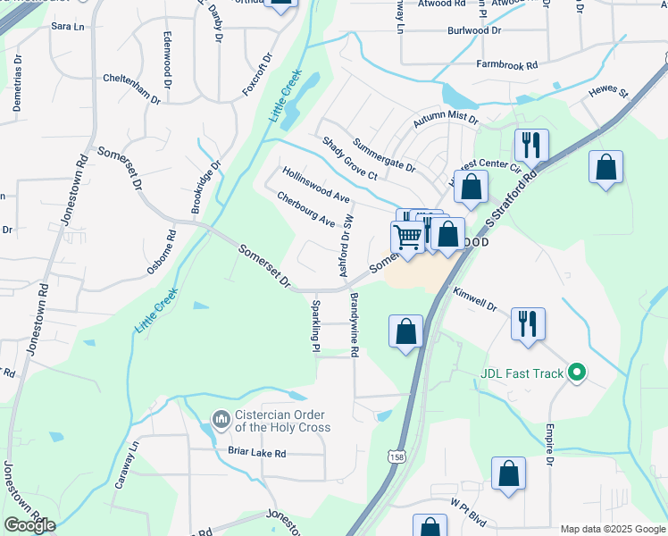 map of restaurants, bars, coffee shops, grocery stores, and more near 2281 Ashford Drive Southwest in Winston-Salem