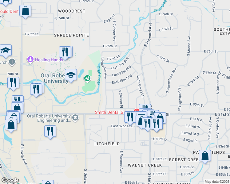 map of restaurants, bars, coffee shops, grocery stores, and more near 3015 East 78th Place in Tulsa