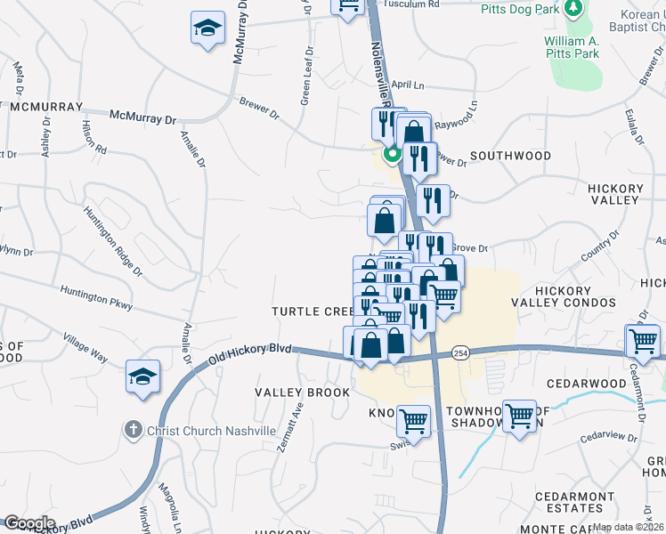 map of restaurants, bars, coffee shops, grocery stores, and more near 441 Hickoryview Drive in Nashville