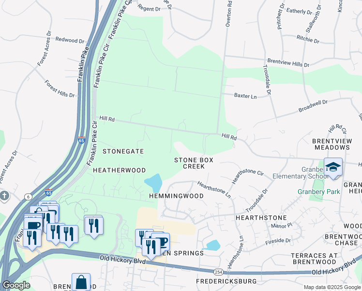 map of restaurants, bars, coffee shops, grocery stores, and more near 733 Hill Road in Brentwood