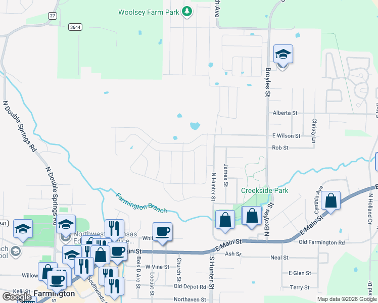 map of restaurants, bars, coffee shops, grocery stores, and more near 182 North Hunter Street in Farmington