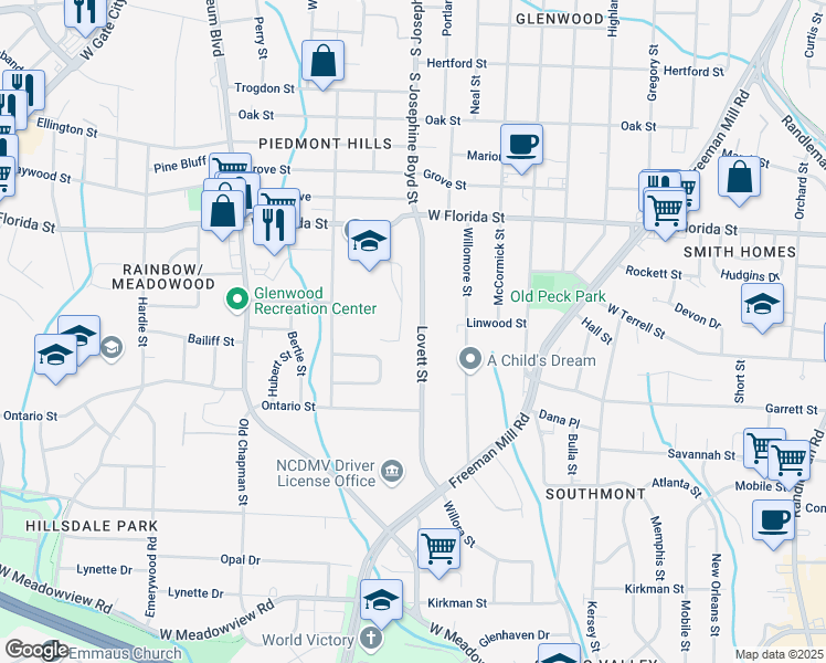 map of restaurants, bars, coffee shops, grocery stores, and more near 1548 Lovett Street in Greensboro