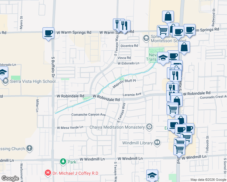 map of restaurants, bars, coffee shops, grocery stores, and more near 7379 Majestic Bluff Place in Las Vegas