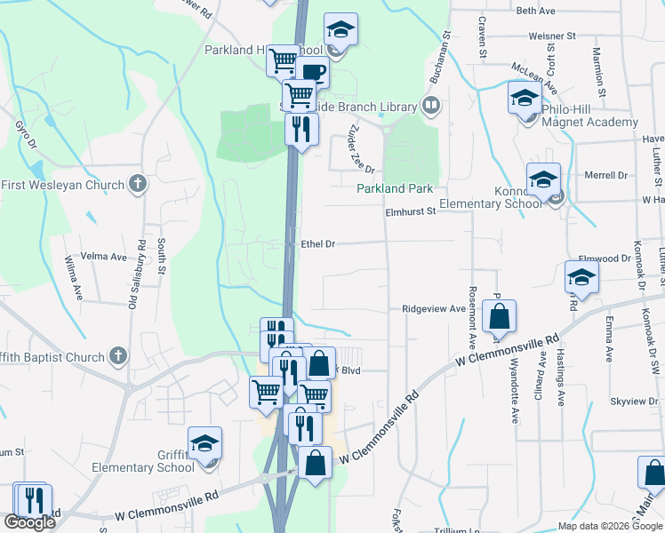map of restaurants, bars, coffee shops, grocery stores, and more near 1622 Ethel Drive in Winston-Salem