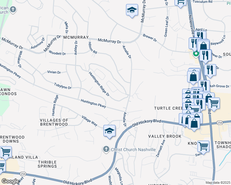 map of restaurants, bars, coffee shops, grocery stores, and more near 305 Huntington Ridge Drive in Nashville