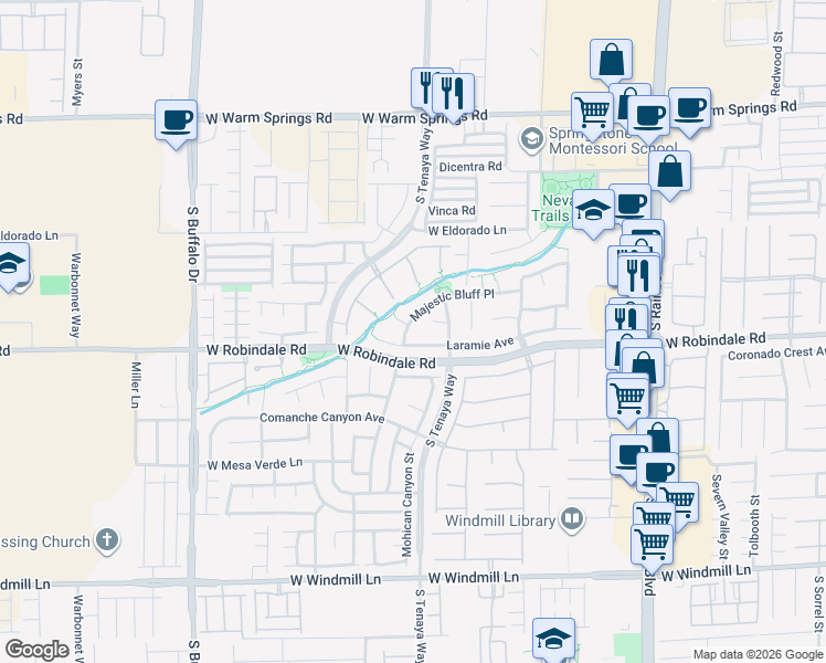 map of restaurants, bars, coffee shops, grocery stores, and more near 7358 Majestic Bluff Place in Las Vegas