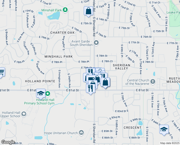 map of restaurants, bars, coffee shops, grocery stores, and more near 7910 South Sheridan Road in Tulsa