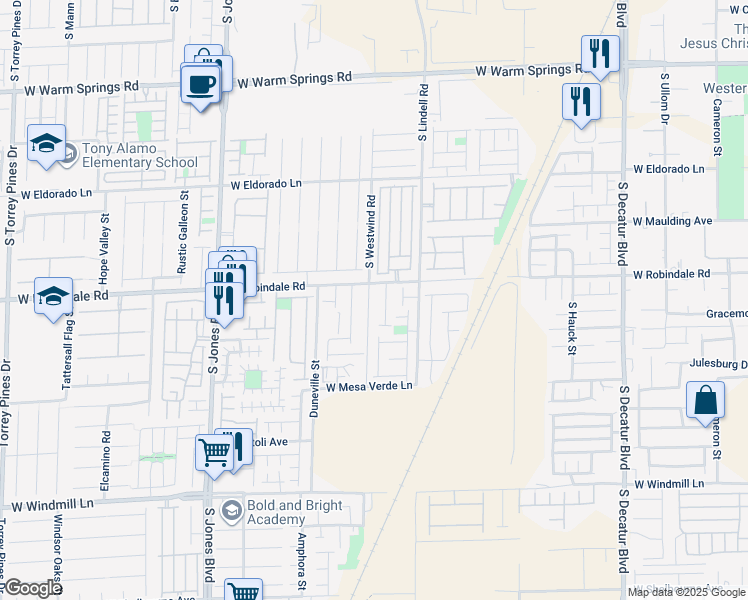 map of restaurants, bars, coffee shops, grocery stores, and more near 7730 South Westwind Road in Las Vegas