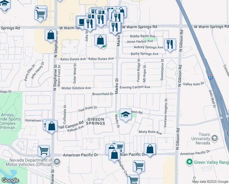 map of restaurants, bars, coffee shops, grocery stores, and more near 1078 Broomfield Drive in Henderson