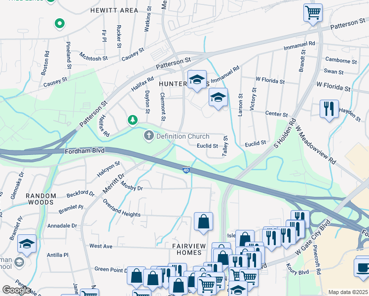 map of restaurants, bars, coffee shops, grocery stores, and more near 1503 Merritt Drive in Greensboro