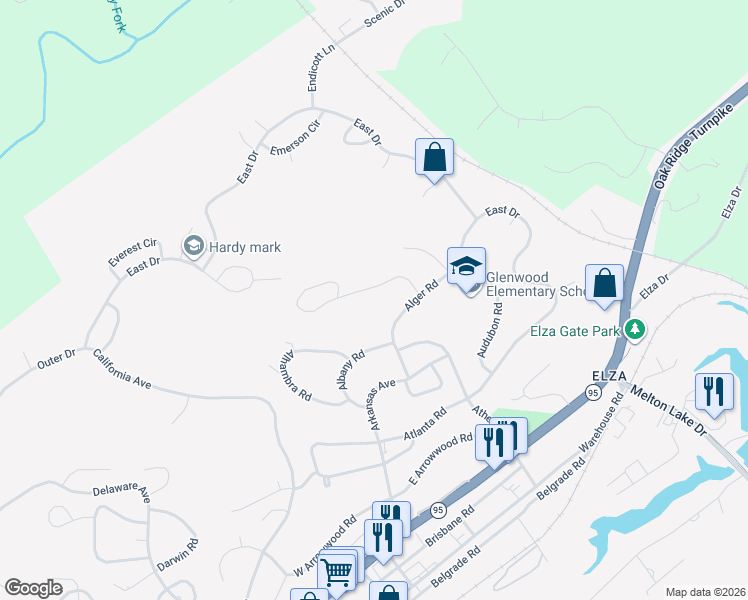 map of restaurants, bars, coffee shops, grocery stores, and more near 113 Amherst Lane in Oak Ridge