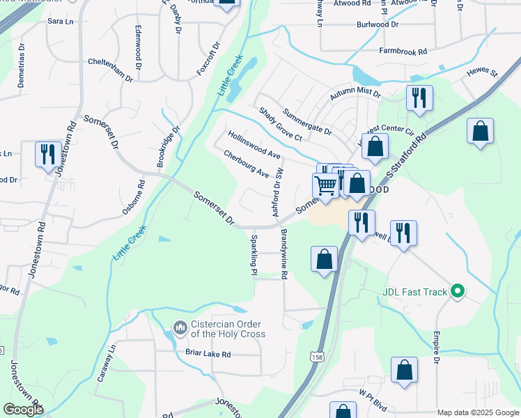 map of restaurants, bars, coffee shops, grocery stores, and more near 301 Ashford Court in Winston-Salem